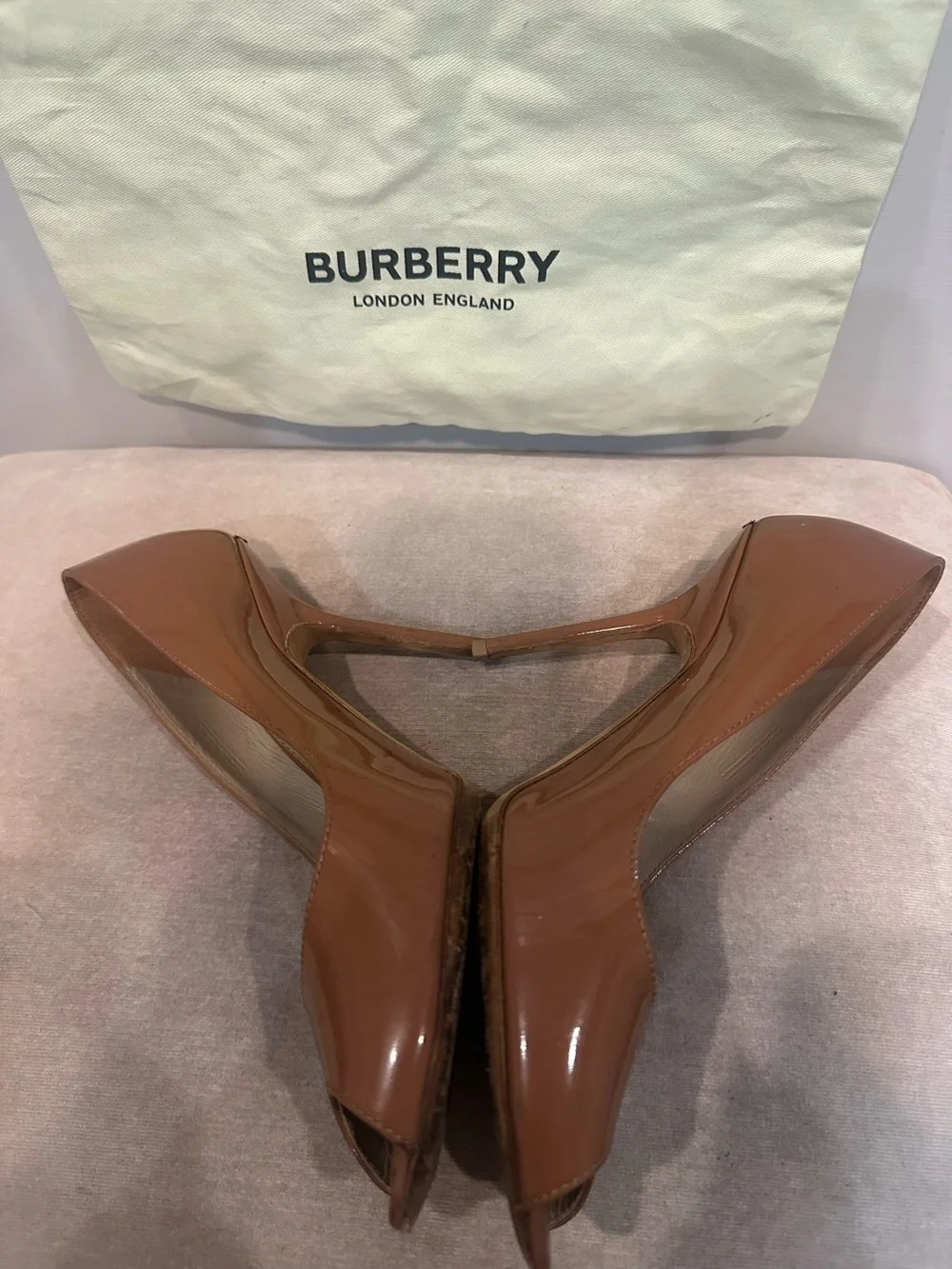 Burberry Patent Peep-Toe Stiletto in Brown